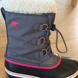 Sorel Kids Gray Black and Pink Waterproof Snow Boot